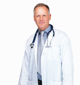 A middle-aged physician with a stethoscope around his neck