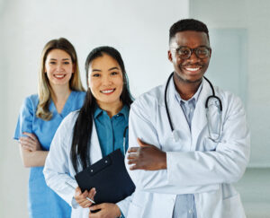 A group of doctors of diverse ethnicities